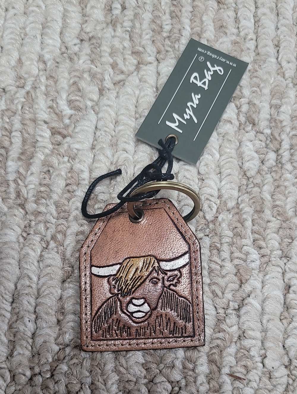 Myra Bag Brown Leather Highland Cow Key Fob with Gold Ring NEW